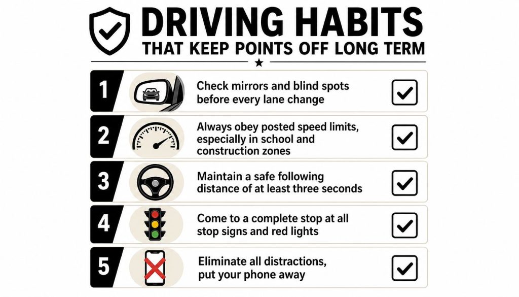 A list of five essential safe driving habits illustrated with icons to help avoid license penalty points.