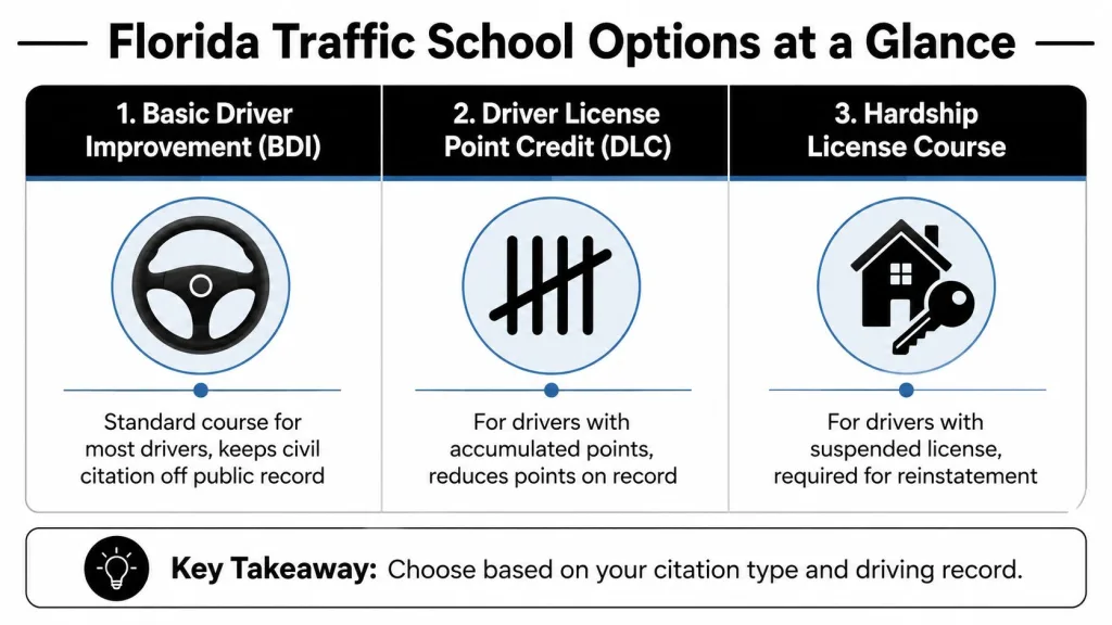An infographic titled Florida Traffic School Options detailing three different types of driver education courses.