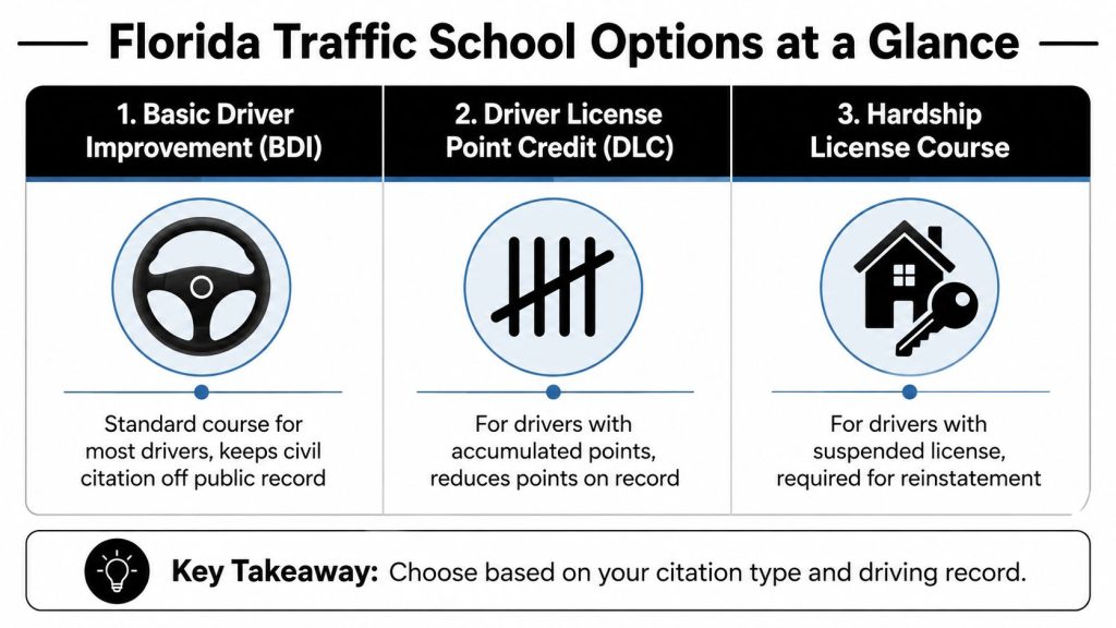 An infographic titled Florida Traffic School Options detailing three different types of driver education courses.