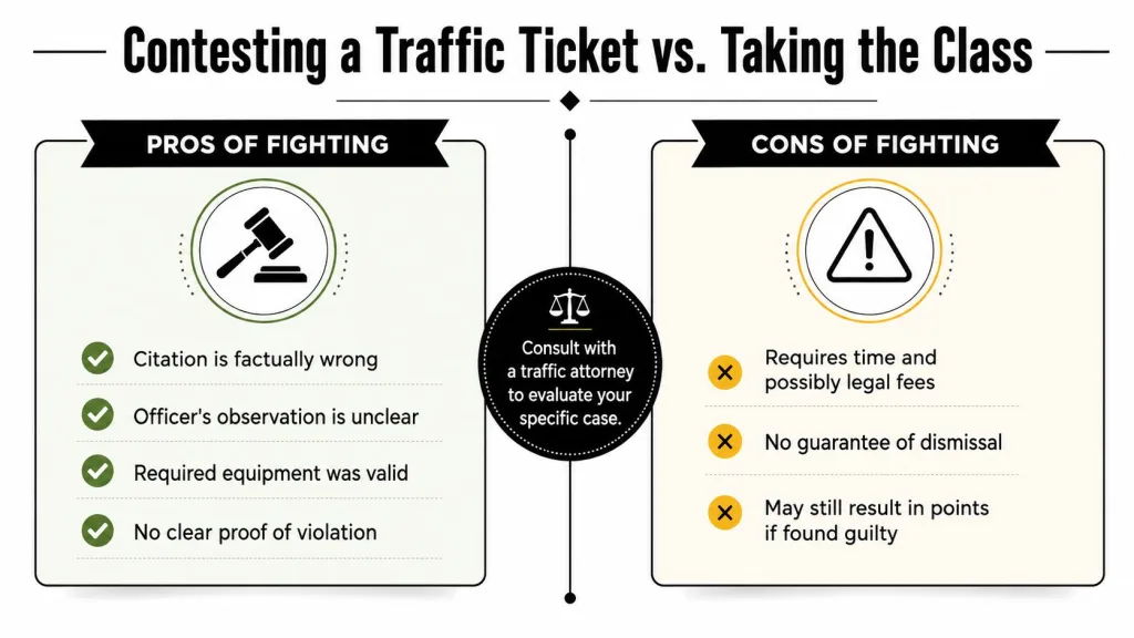 An infographic comparing the pros and cons of fighting a traffic ticket in court.