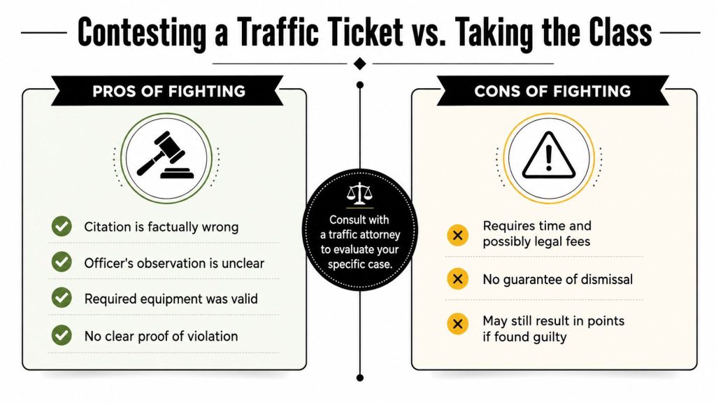 An infographic comparing the pros and cons of fighting a traffic ticket in court.