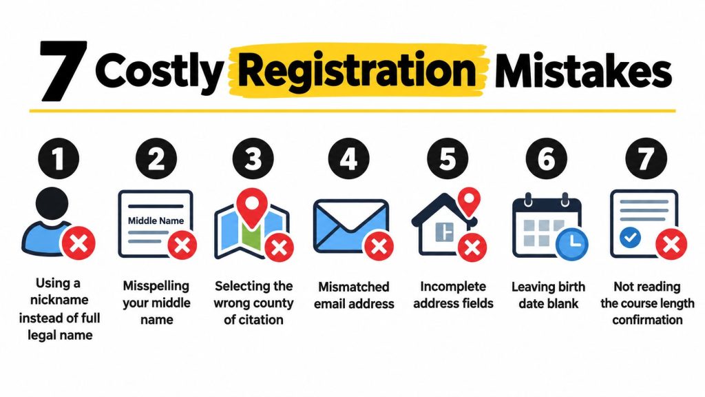 An infographic titled 7 Costly Registration Mistakes, illustrating errors to avoid when completing online traffic school registration forms.