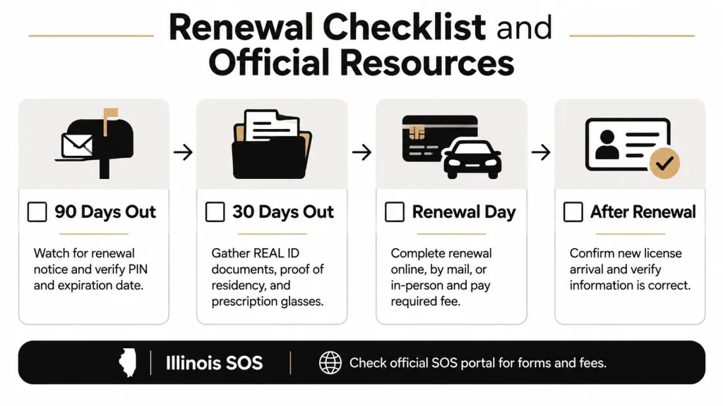 A four-step checklist for Illinois driver's license renewal showing tasks to complete from 90 days out to after renewal.