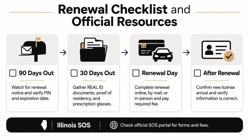 A four-step checklist for Illinois driver's license renewal showing tasks to complete from 90 days out to after renewal.