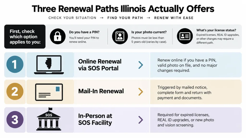 A chart explaining the three ways to renew an Illinois driver's license: online, by mail, or in-person.