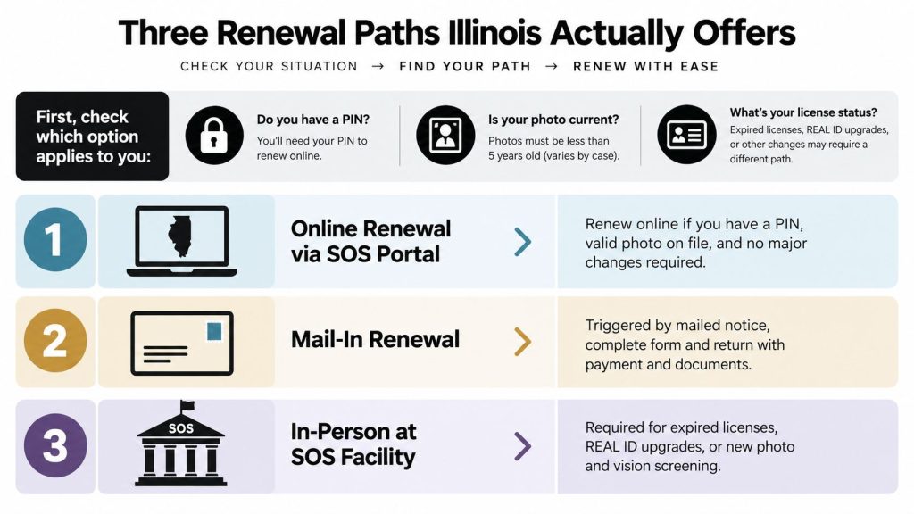 A chart explaining the three ways to renew an Illinois driver's license: online, by mail, or in-person.