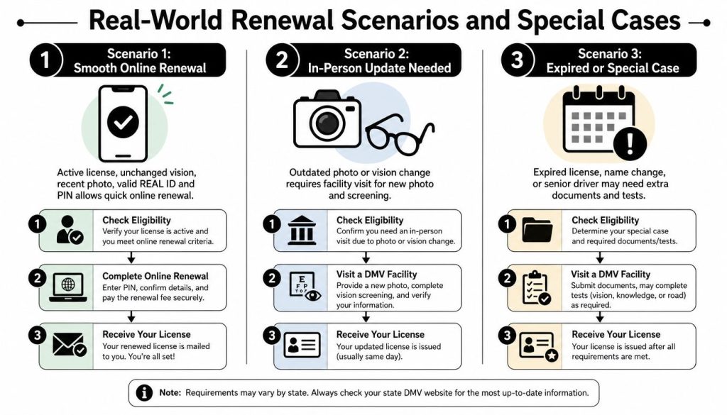 An infographic showing three different pathways for renewing a driver's license: online, in-person, or special cases.