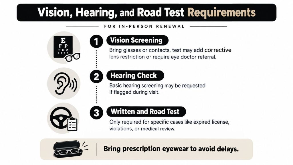 An infographic detailing requirements for in-person Illinois driver license renewal, including vision, hearing, and road tests.