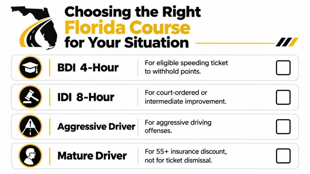 A chart showing four different Florida driving course options including BDI, IDI, aggressive driver, and mature driver.