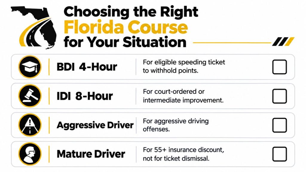 A chart showing four different Florida driving course options including BDI, IDI, aggressive driver, and mature driver.