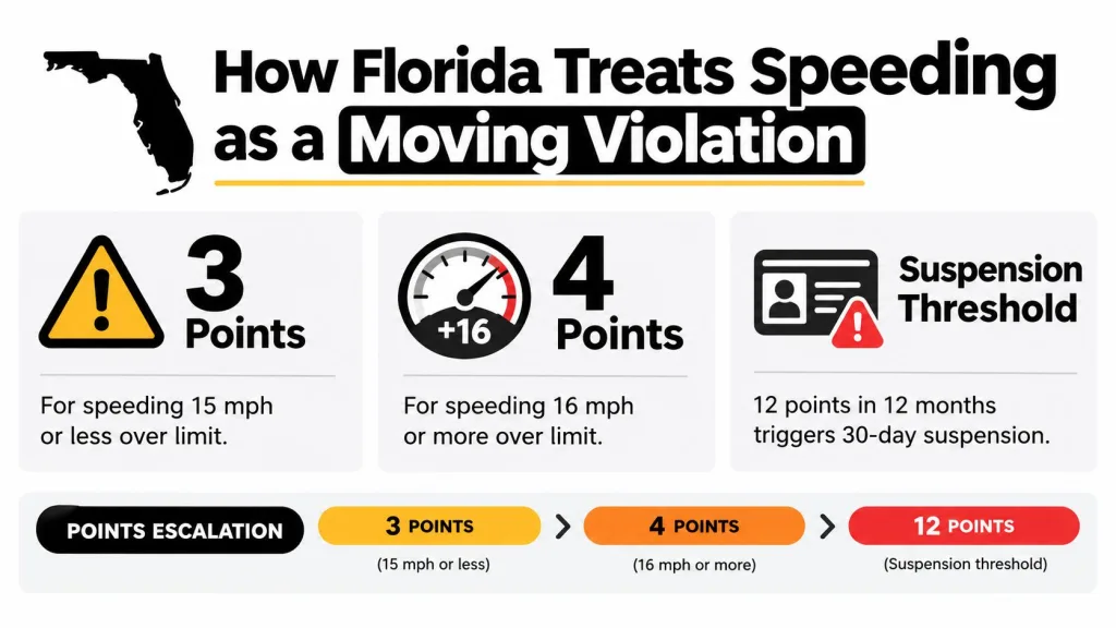 An infographic showing point penalties for speeding violations in Florida, including suspension thresholds for recurring traffic offenses.
