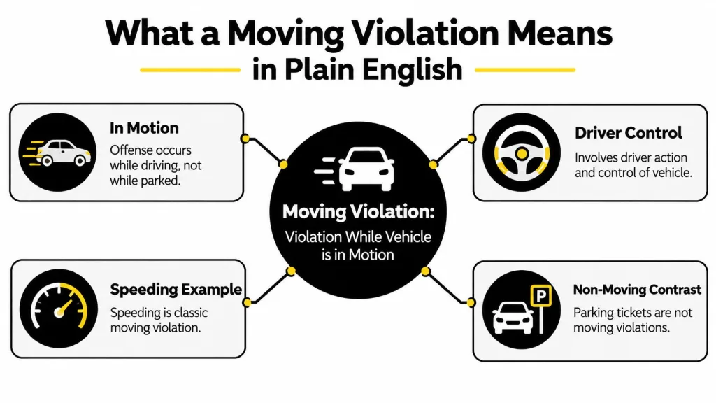 An infographic explaining that a moving violation occurs when a vehicle is in motion while driving.