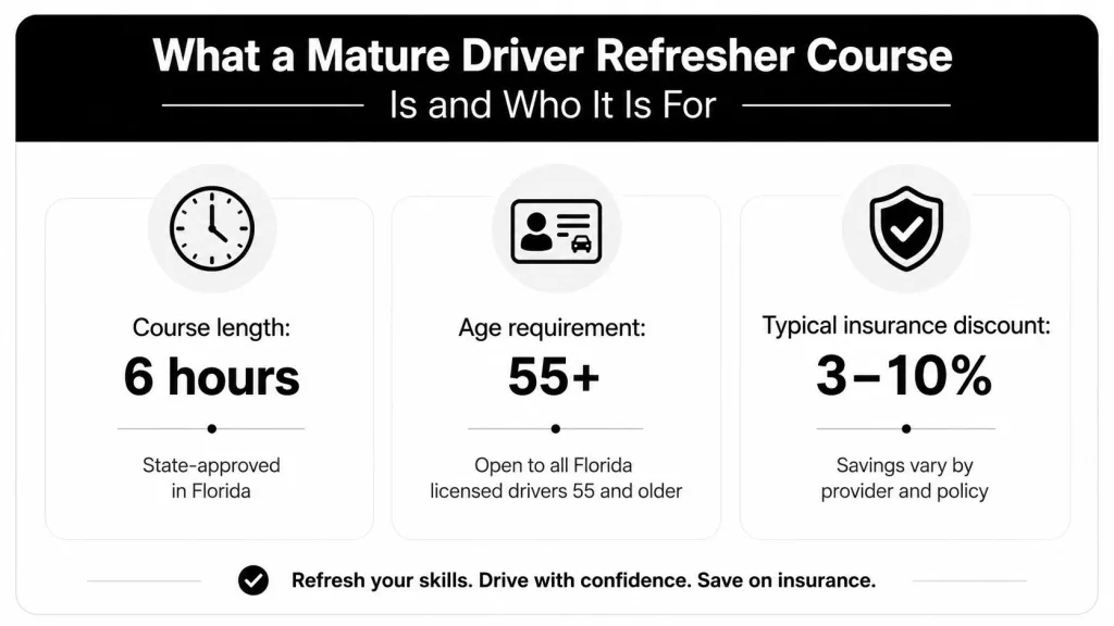 An infographic detailing a mature driver refresher course with requirements, course duration, and insurance savings information.