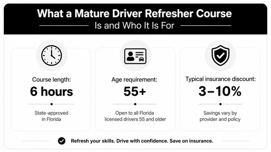 An infographic detailing a mature driver refresher course with requirements, course duration, and insurance savings information.