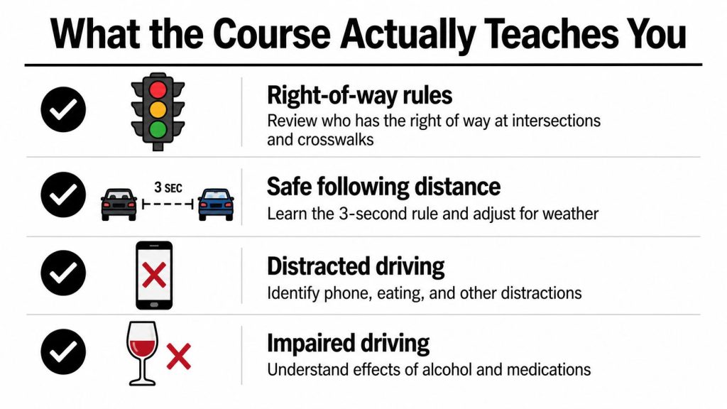 An infographic detailing the four key safety topics covered in a mature driver refresher course.