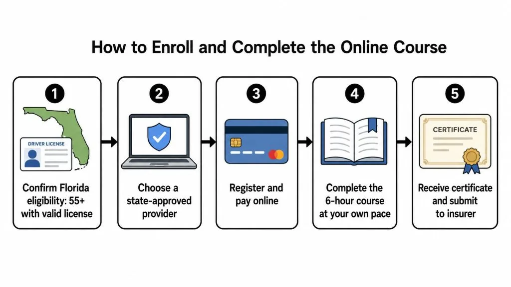 A five-step infographic showing how to enroll in and complete a mature driver refresher course online.