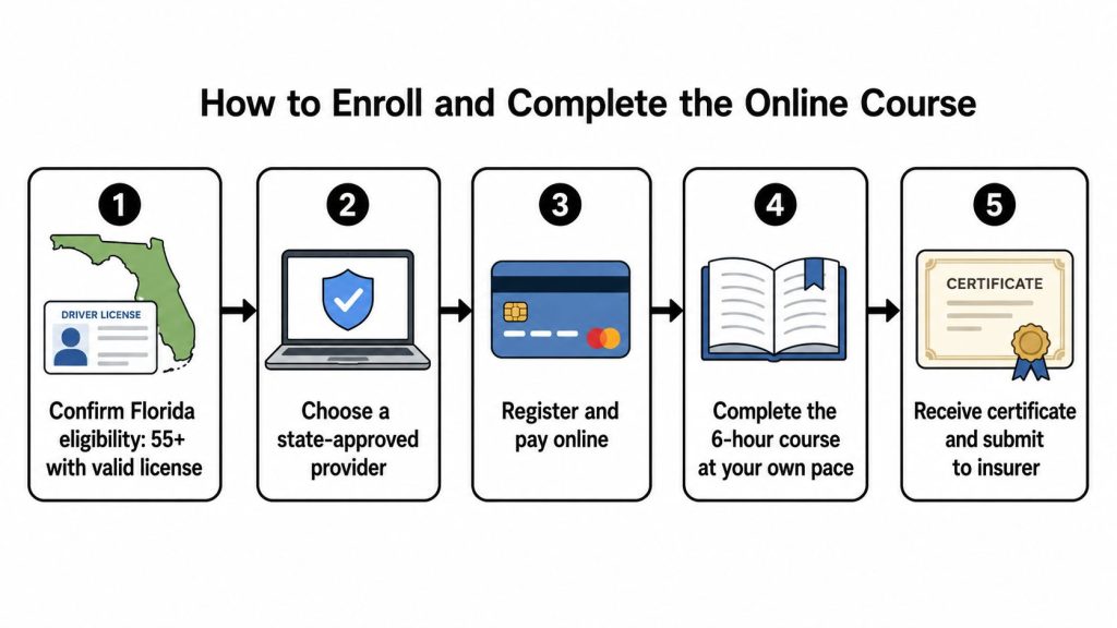 A five-step infographic showing how to enroll in and complete a mature driver refresher course online.