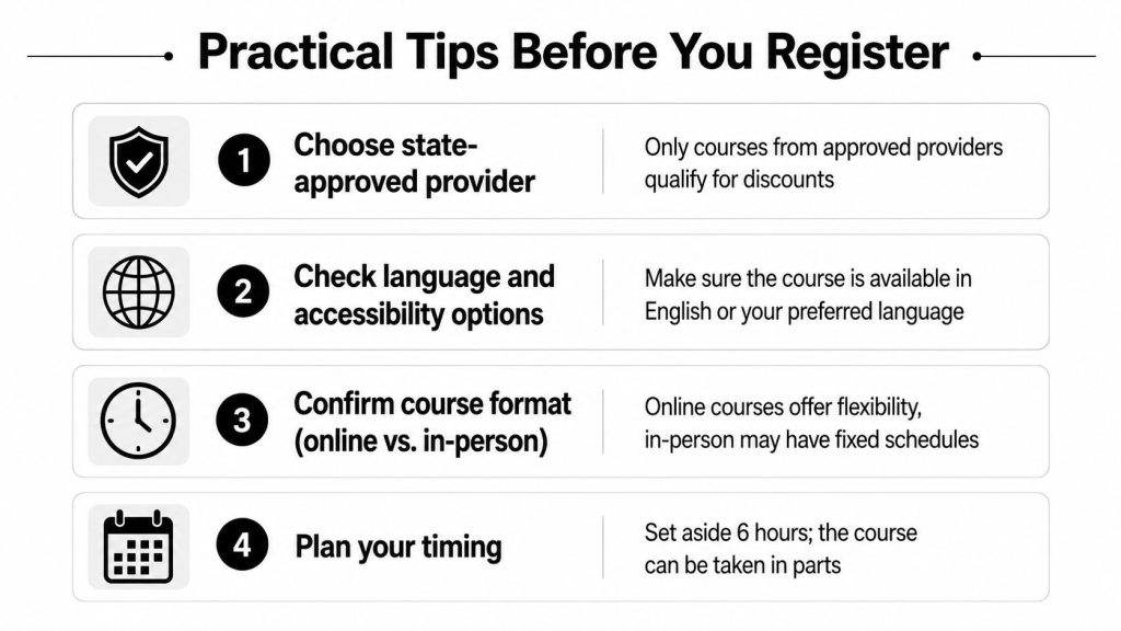 An infographic titled Practical Tips Before You Register listing four key steps for taking a driving course.