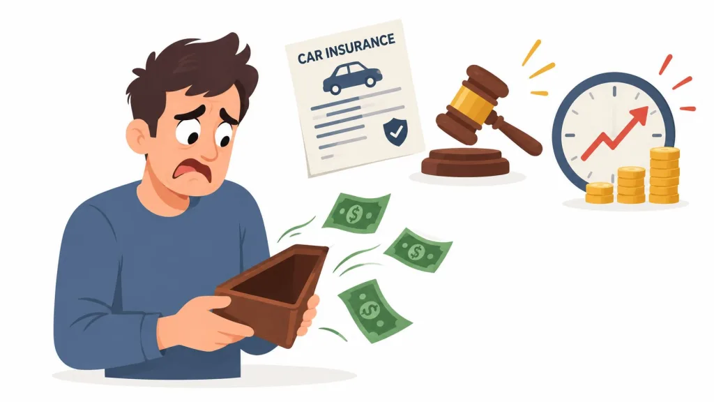 A worried man holding an empty wallet with symbols of car insurance, legal gavel, and increasing costs