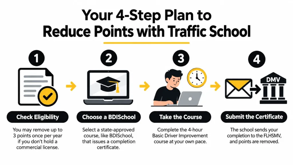 A four-step guide for drivers in Florida on how to reduce traffic violation points using online school.