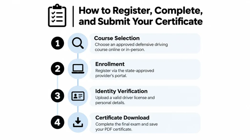 A four-step infographic illustrating how to register, complete, and submit a defensive driving course certificate
