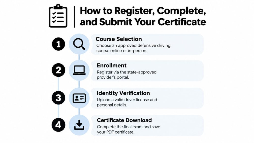 A four-step infographic illustrating how to register, complete, and submit a defensive driving course certificate