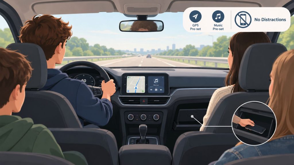 A teenager driver and passengers in a car demonstrating safe driving practices by storing mobile phones away.