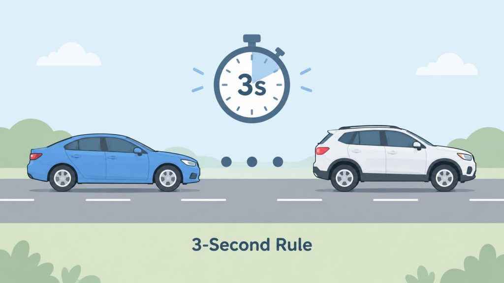 An illustrative graphic demonstrating the 3-second rule for maintaining a safe distance between two cars on the road.