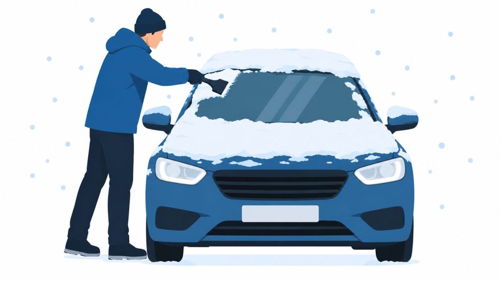 A person in a winter jacket using an ice scraper to clear snow from a car windshield.