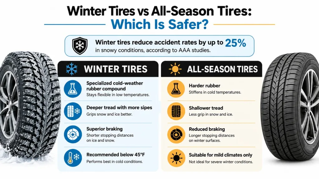 A comparison infographic between winter tires and all-season tires, illustrating their safety benefits during cold weather conditions.