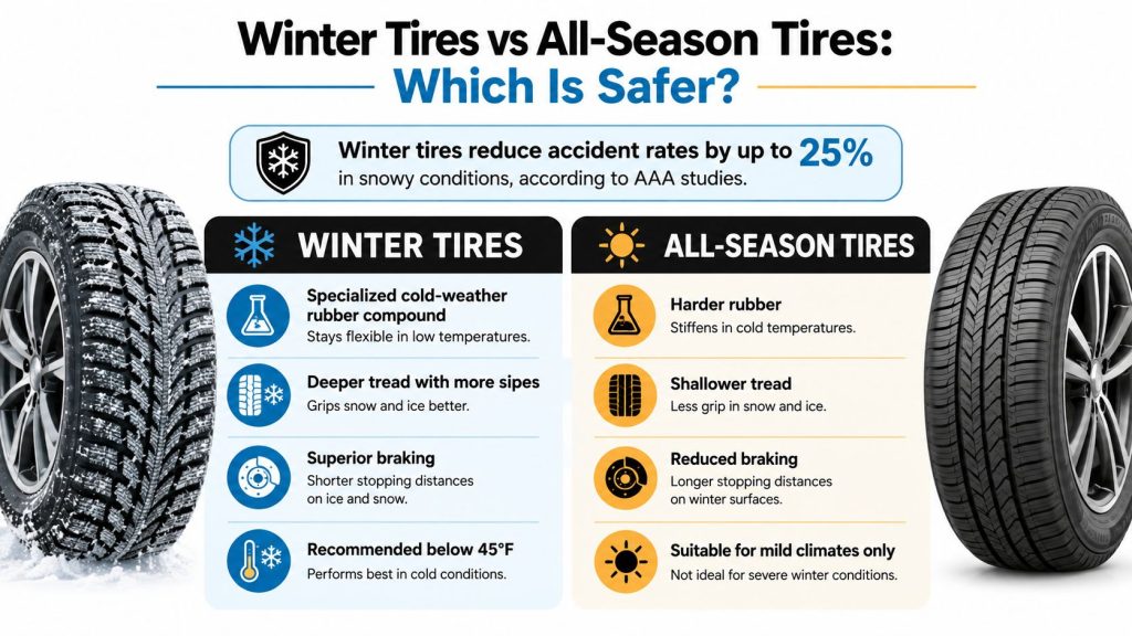 A comparison infographic between winter tires and all-season tires, illustrating their safety benefits during cold weather conditions.
