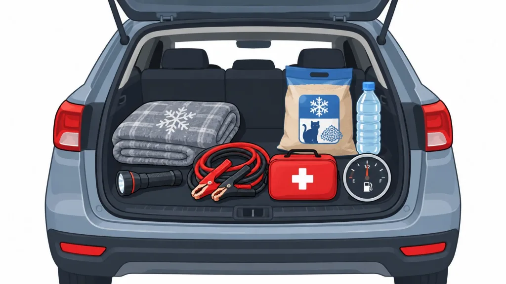 A trunk of a car containing winter safety items like a blanket, jumper cables, and water.