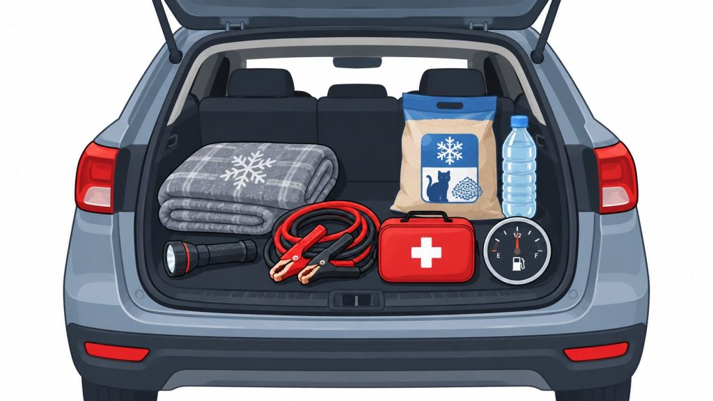 A trunk of a car containing winter safety items like a blanket, jumper cables, and water.