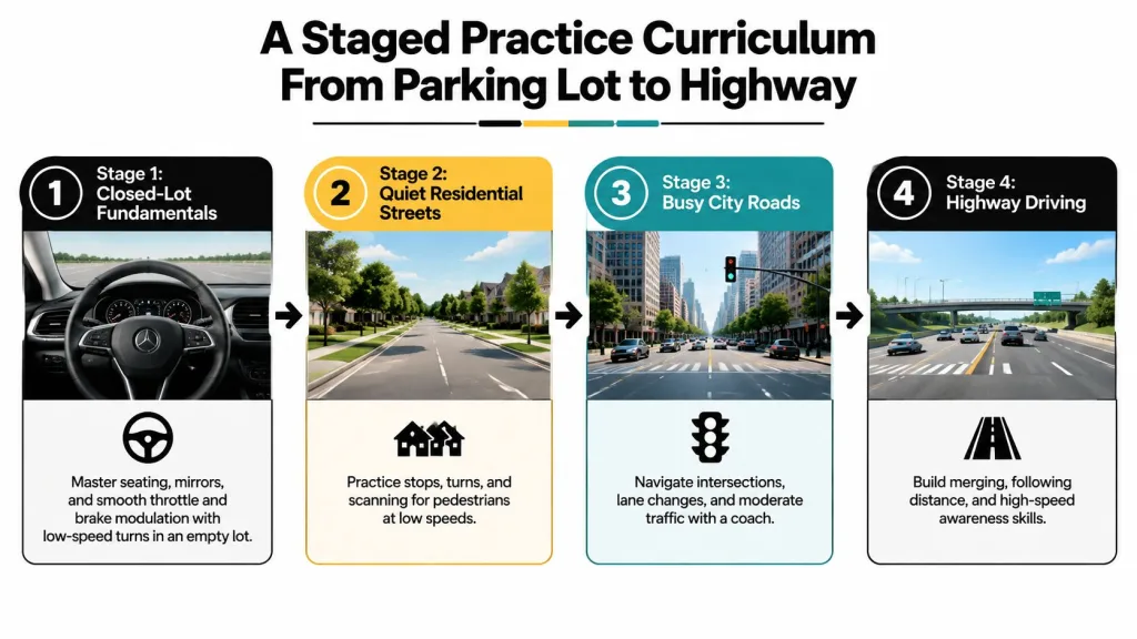 An infographic showing a four-stage driving curriculum progressing from parking lot practice to highway driving.