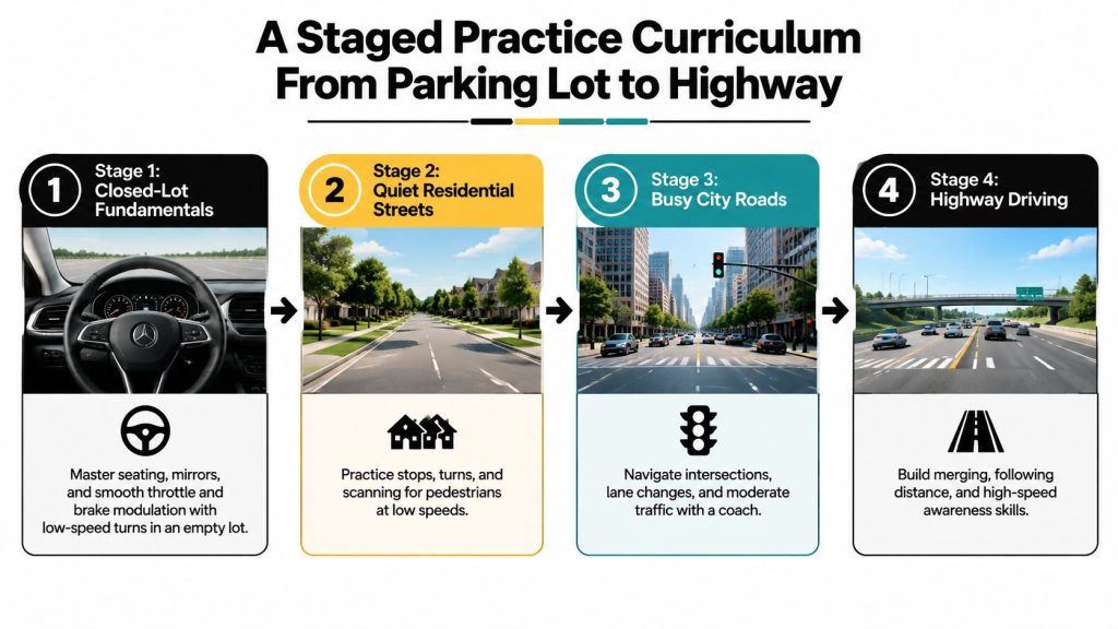 An infographic showing a four-stage driving curriculum progressing from parking lot practice to highway driving.