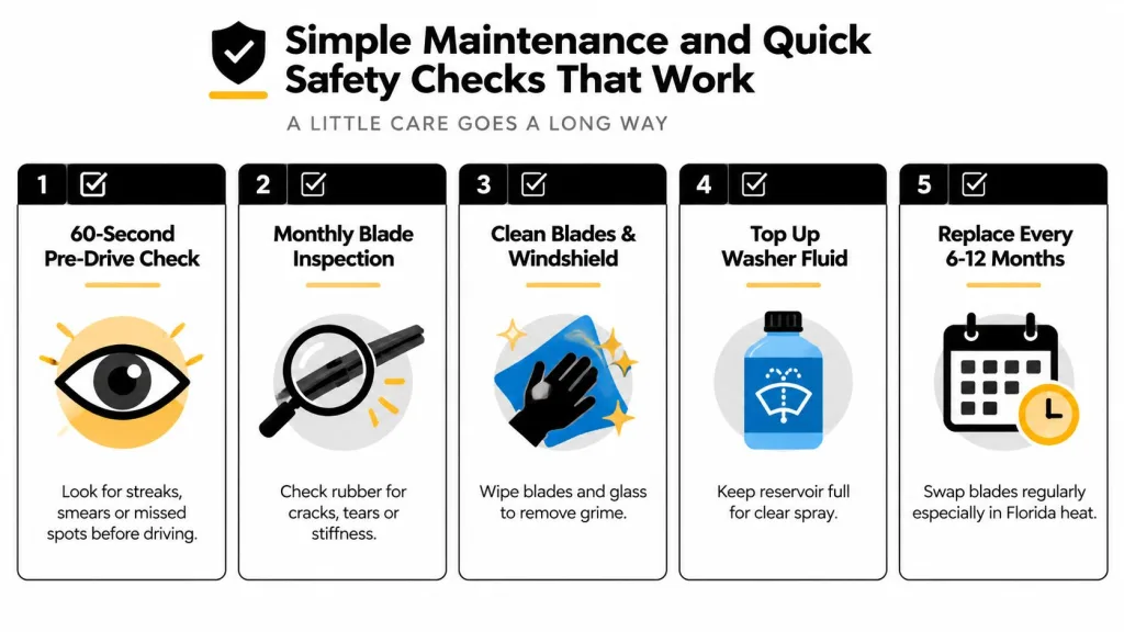 An infographic detailing five simple maintenance and safety checks for vehicle windshield wiper blades.