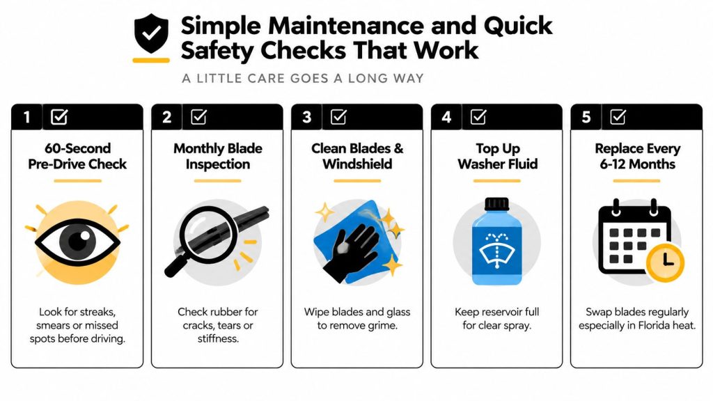 An infographic detailing five simple maintenance and safety checks for vehicle windshield wiper blades.