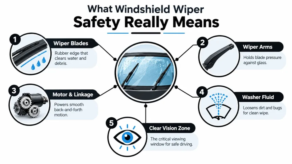 An infographic detailing the five essential components for maintaining windshield wiper safety and clear driver visibility.