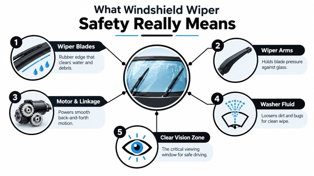 An infographic detailing the five essential components for maintaining windshield wiper safety and clear driver visibility.