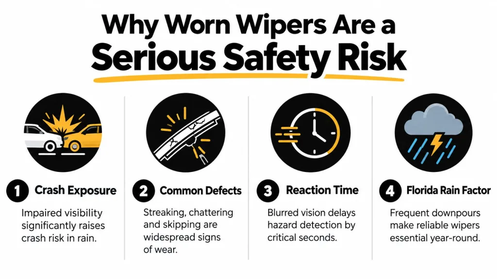 An infographic detailing four key reasons why worn windshield wipers pose a serious safety risk to drivers.
