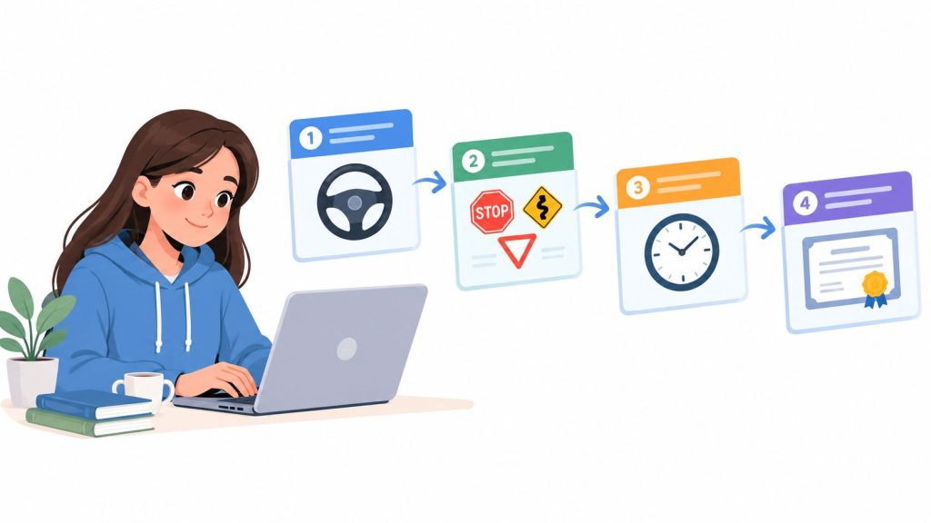 A young woman studying for a driving test on her laptop through an online certification course.