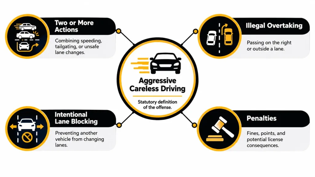 An infographic defining aggressive careless driving behaviors including lane blocking, illegal overtaking, and their legal penalties.