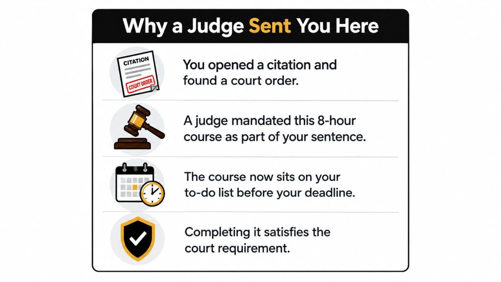 A diagram explaining why a judge ordered an eight-hour traffic school course as part of a sentence.