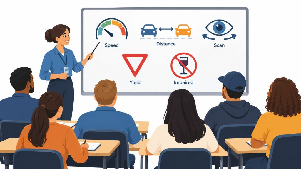 A driving instructor teaching a class about road safety, speed, distance, scanning, yielding, and impaired driving awareness.