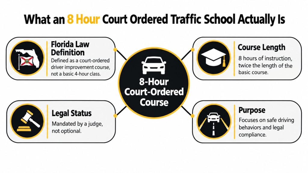 An infographic titled What an 8 Hour Court Ordered Traffic School Actually Is with four key details.
