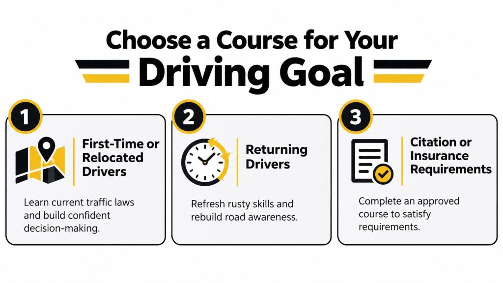 A graphic showing three driving course options for first-time drivers, returning drivers, and citation requirements.