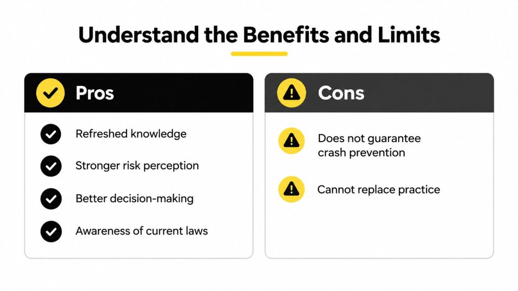 A comparison chart outlining the pros and cons of an adult driver education course for learners.