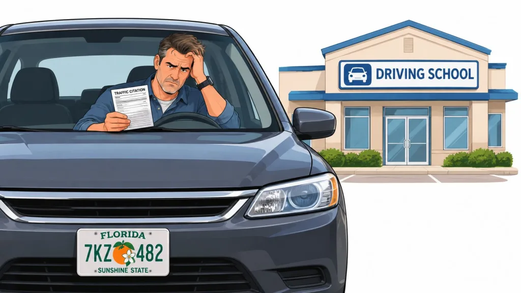 A frustrated man sitting in a car holding a traffic citation in front of a driving school.