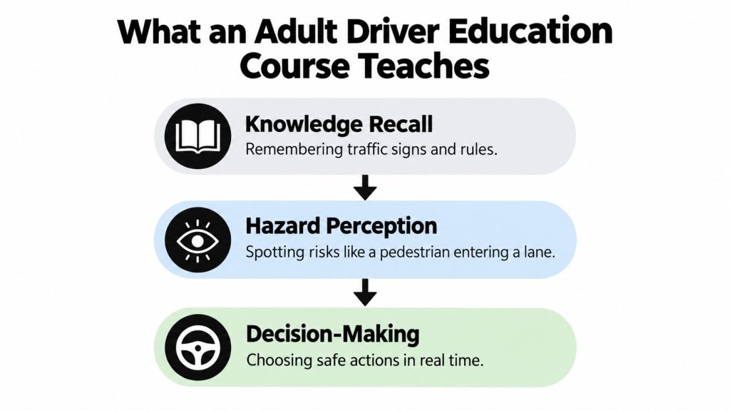 A diagram outlining the three core skills taught in an adult driver education course: knowledge, perception, and decision-making.
