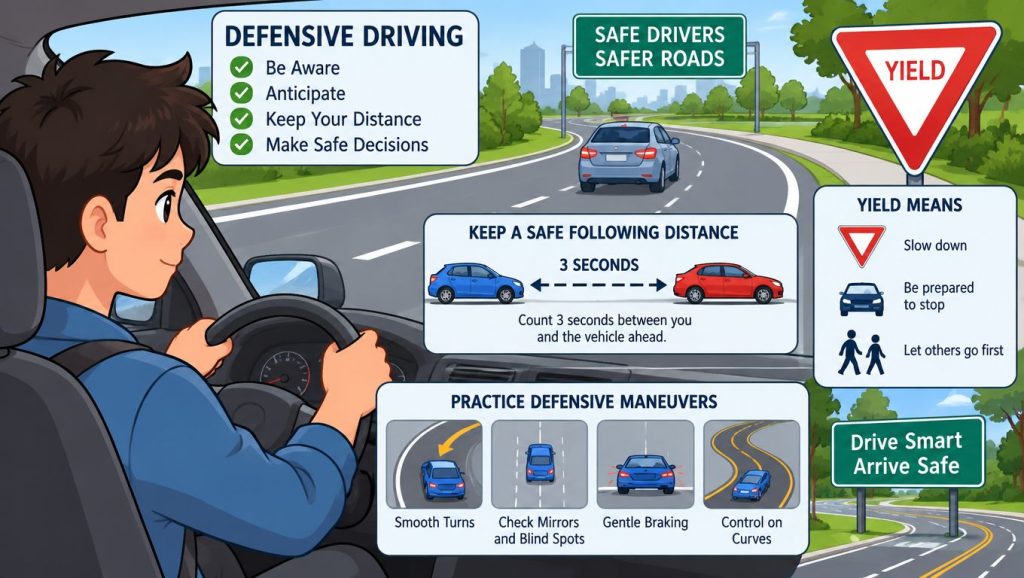 An educational illustration showing a driver using defensive driving techniques, including maintaining safe following distance and yielding.